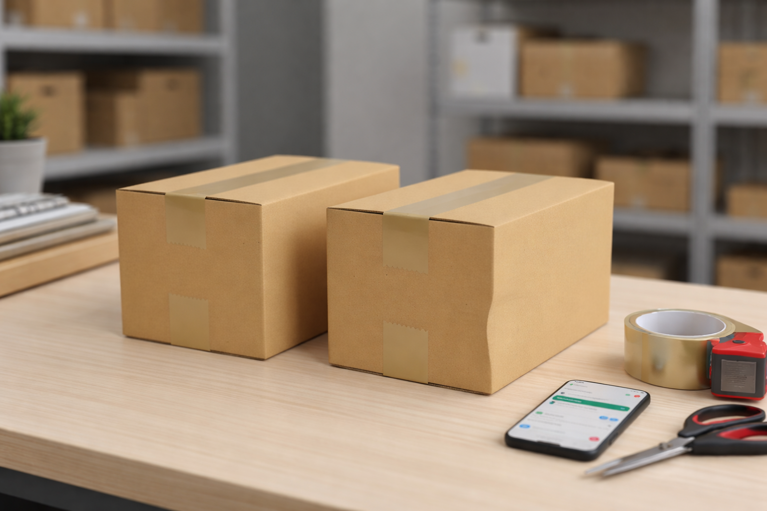 Packing station with boxes and materials